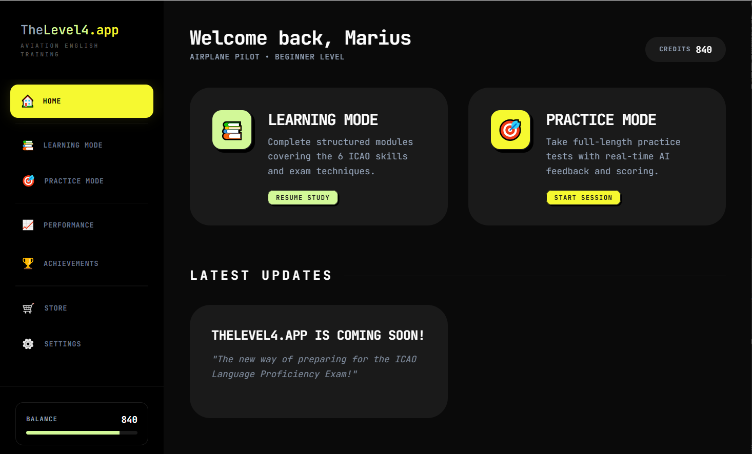 TheLevel4 dashboard showing Learning Mode and Practice Mode